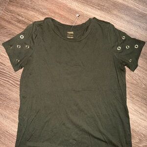 Michael Kors Olive Green Short Sleeve Scoop Neck Top with Eyelet Detail